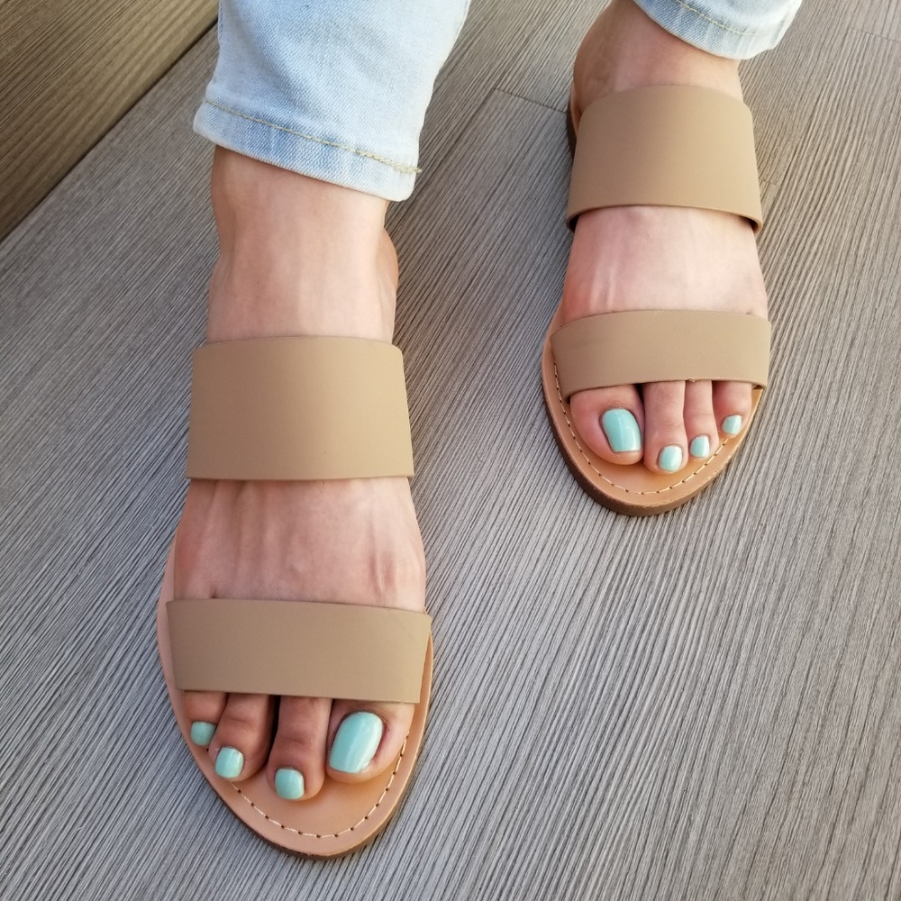 Slip On 2 Strap Flat Sandal Tan Faux Leather-E - Picture 3 of 8